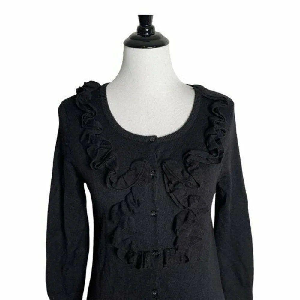 Black Ruffled Cardigan Sweater Scoop Neck Layered Frill‎ 3/4 Sleeve Knit Top MP
